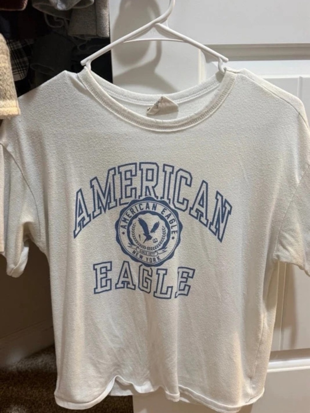 American Eagle Outfitters Cream Tee with Blue Logo